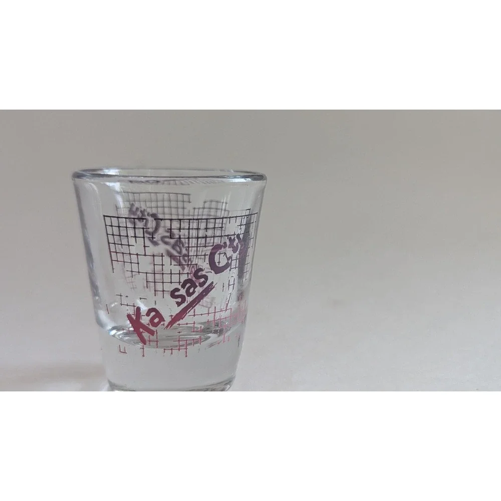 Vintage Kansas City Shot Glass Purple Pink Grid Graphic Souvenir Clear Glass